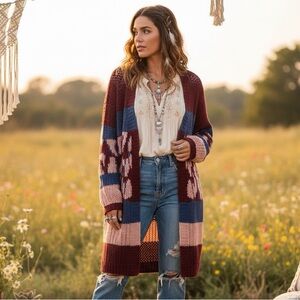 Umgee Burgundy and Blue Knit Cardigan